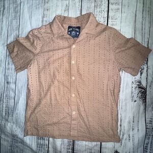 Free Planet Fully Embroidered Hawaiian Shirt Men's M Brown Short Sleeve